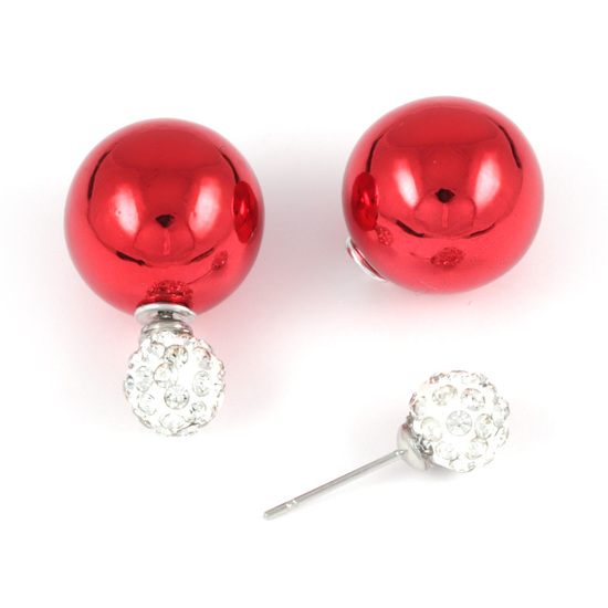 Red plastic pearl bead with crystal ball double sided stud earrings