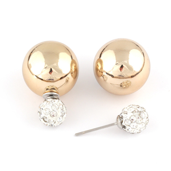 Golden plastic pearl bead with crystal ball double sided stud earrings