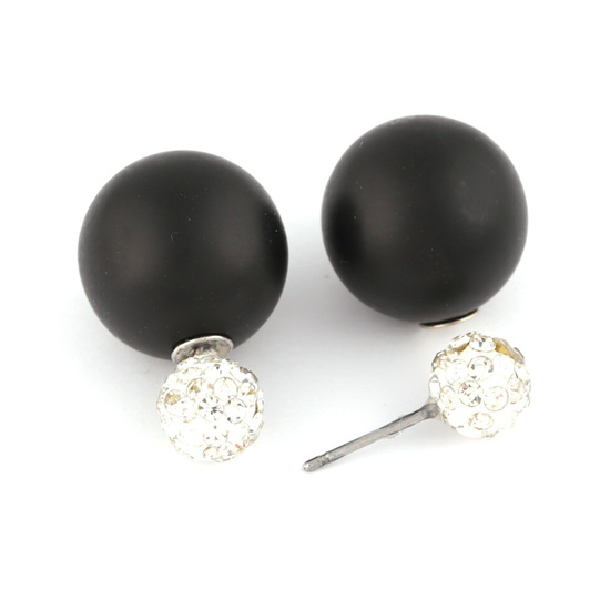 Black plastic pearl bead with crystal ball double sided stud earrings
