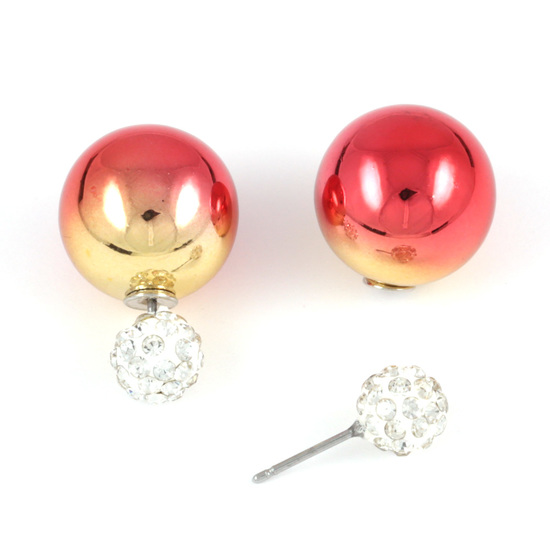 Golden red UV plating acrylic bead with crystal ball stud earrings