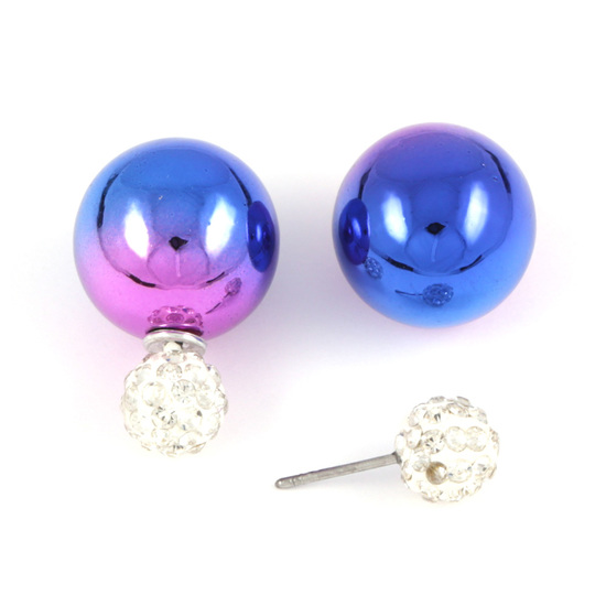 Blue violet UV plating acrylic bead with crystal ball stud earrings
