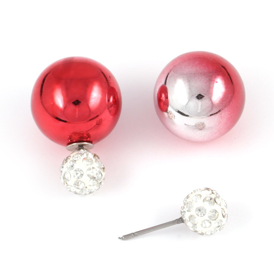 Silver red UV plating acrylic bead with crystal ball stud earrings