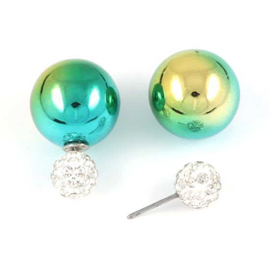 Golden green UV plating acrylic bead with crystal ball stud earrings