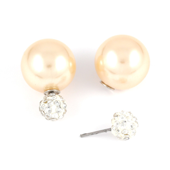 Light yellow ABS acrylic pearl bead with crystal ball double sided stud earrings
