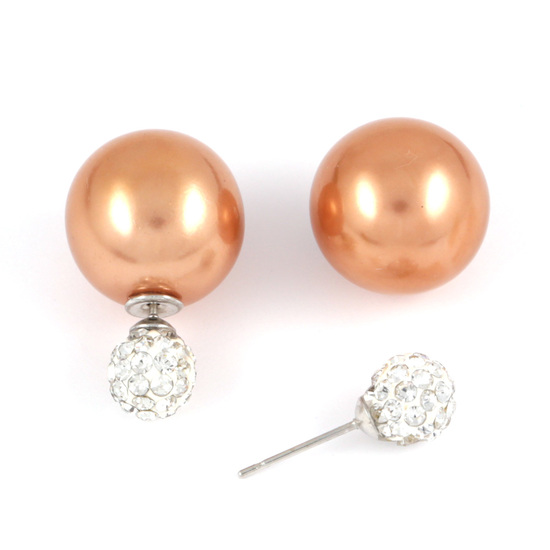 Brownish orange ABS acrylic pearl bead with crystal ball double sided stud earrings