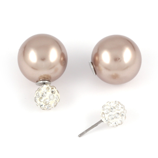 Camel ABS acrylic pearl bead with crystal ball double sided stud earrings