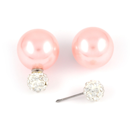 Light pink ABS acrylic pearl bead with crystal ball double sided stud earrings