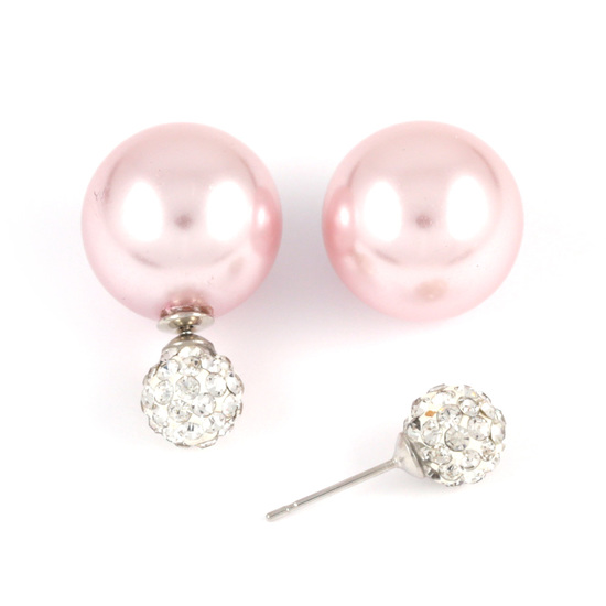 Pearl pink ABS acrylic pearl bead with crystal ball double sided stud earrings