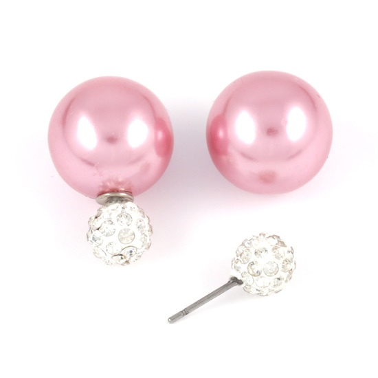 Pink ABS acrylic pearl bead with crystal ball double sided stud earrings