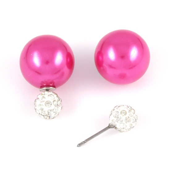 Magenta ABS acrylic pearl bead with crystal ball double sided stud earrings