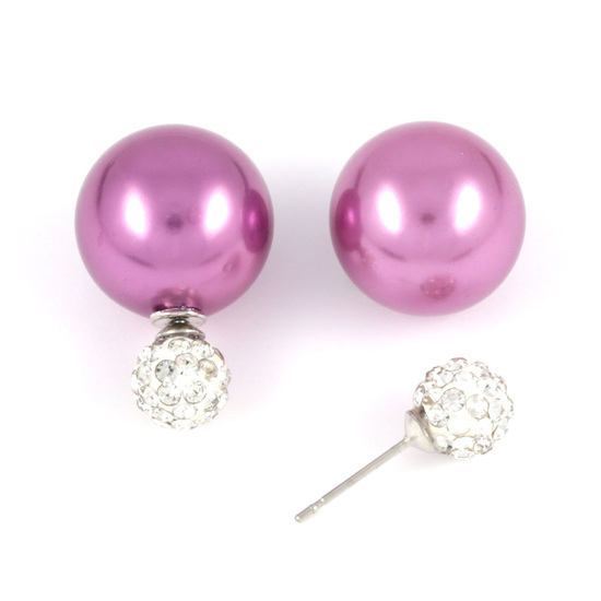Violet ABS acrylic pearl bead with crystal ball double sided stud earrings