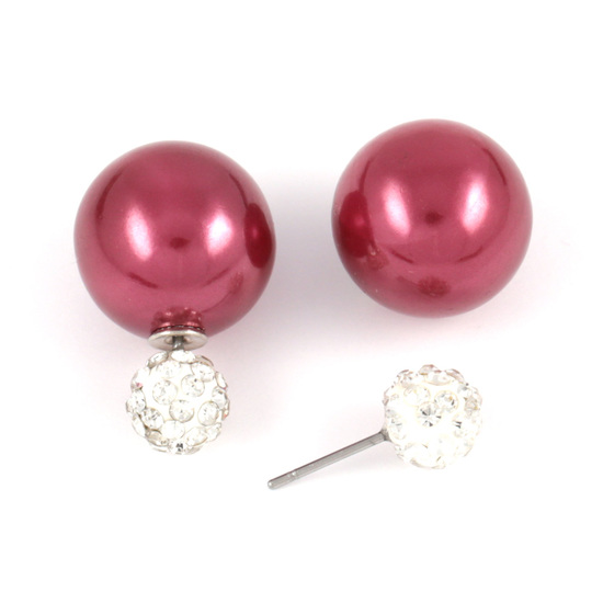 Dark red ABS acrylic pearl bead with crystal ball double sided stud earrings