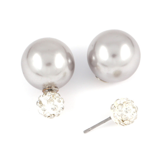 Grey ABS acrylic pearl bead with crystal ball double sided stud earrings