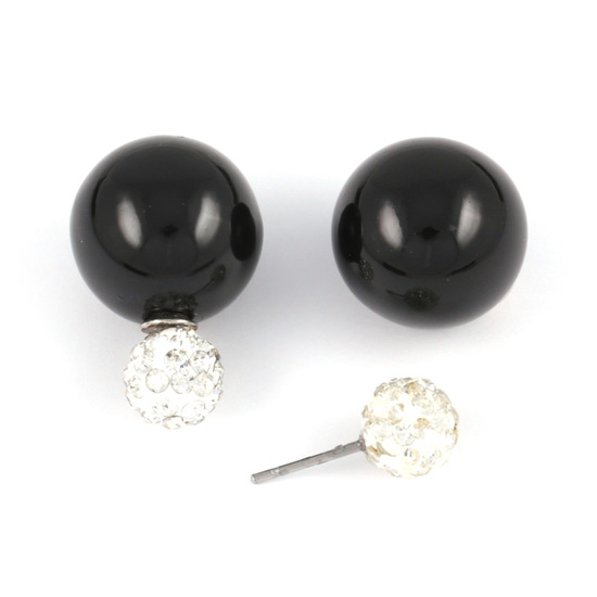 Black ABS acrylic pearl bead with crystal ball double sided stud earrings