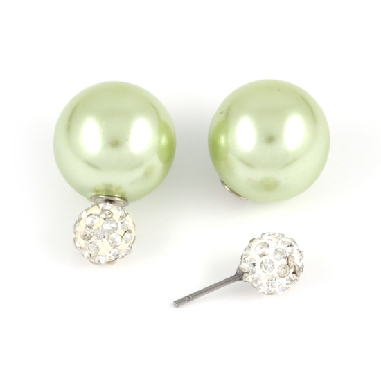 Light green ABS acrylic pearl bead with crystal ball double sided stud earrings