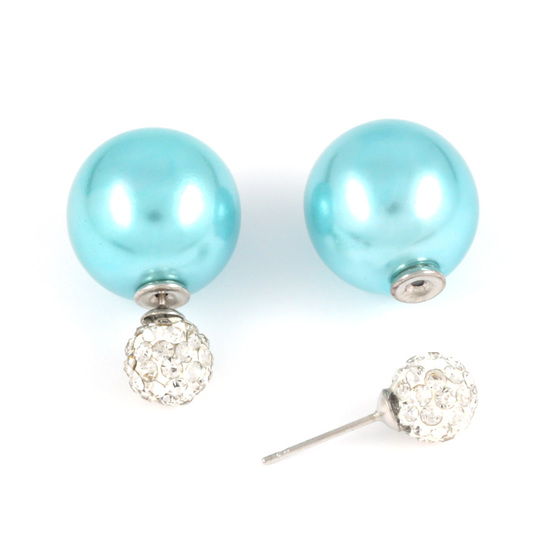 Blue ABS acrylic pearl bead with crystal ball double sided stud earrings