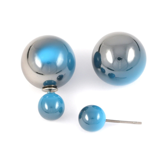 Two tone blue gray acrylic bead double sided ear studs