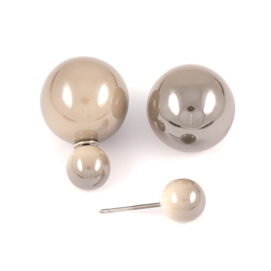Two tone beige gray acrylic bead double sided ear studs
