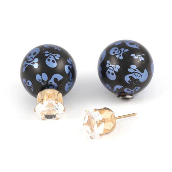 Blue skull resin ball with CZ double sided ear studs
