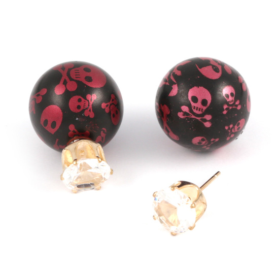 Red skull resin ball with CZ double sided ear studs