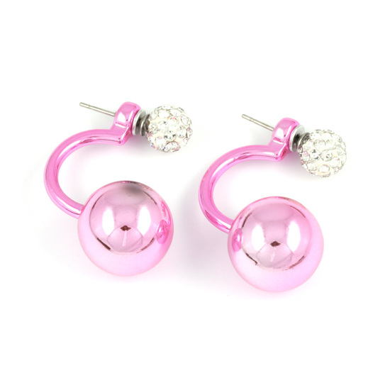 Pink acrylic ball with crystal bead double sided ear jackets earrings