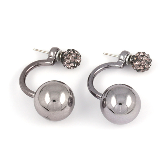 Grey acrylic ball with crystal bead double sided ear jackets earrings