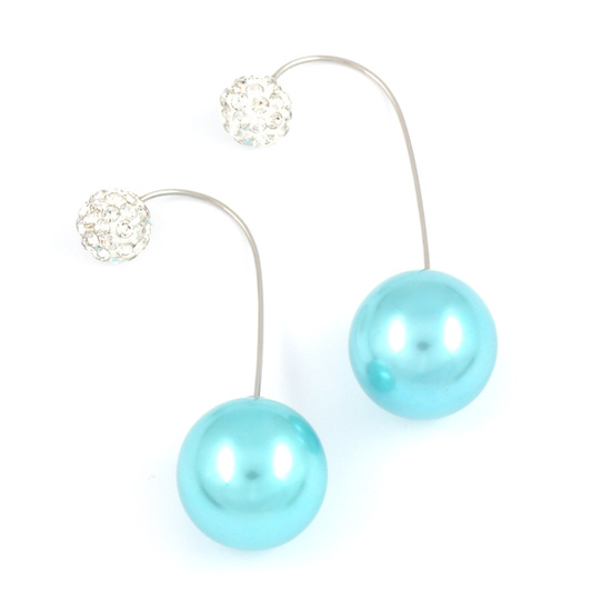 Turquoise acrylic pearl bead with crystal ball double sided ear jackets earrings