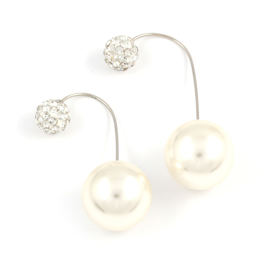 White acrylic pearl bead with crystal ball double sided ear jackets earrings