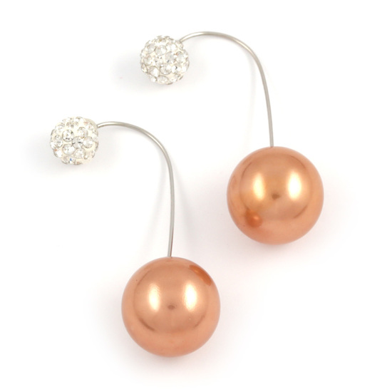 Sandy brown acrylic pearl bead with crystal ball double sided ear jackets earrings
