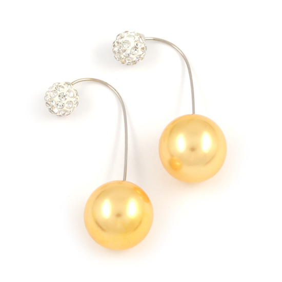 Yellow acrylic pearl bead with crystal ball double sided ear jackets earrings