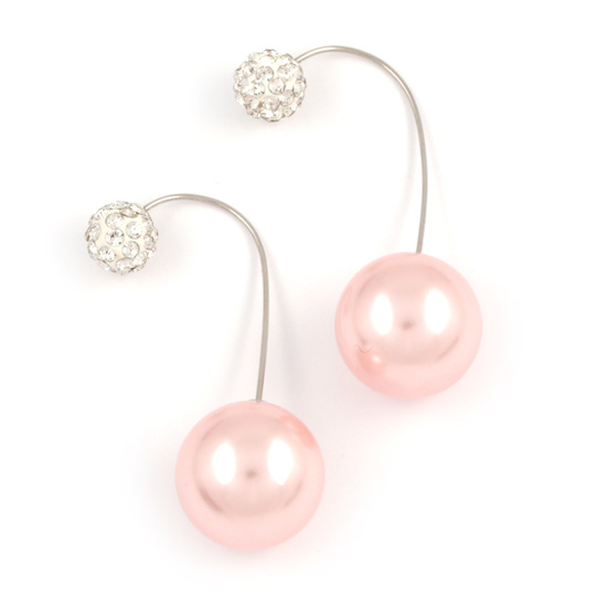Pink acrylic pearl bead with crystal ball double sided ear jackets earrings