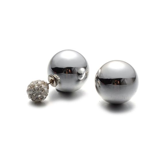 Silver-tone Bead with Crystal Ball Double-sided Stud Earrings