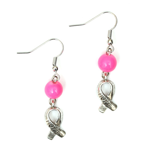 Hope Breast Cancer Awareness Ribbon with pink bead dangle earrings