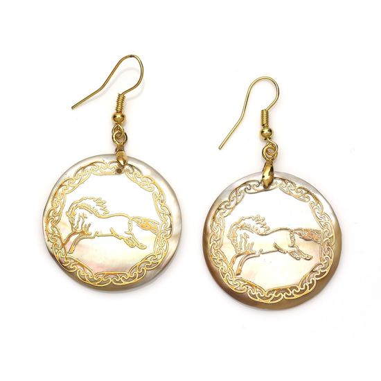 Black Lip Shell Disc With Gold-tone Horse Motif Drop Earrings