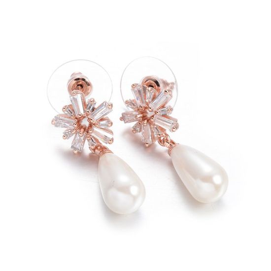 Cubic Zirconia Flower with Simulated Pear Shape Pearl Drop Stud Earrings