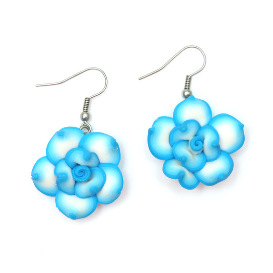 White and Blue Polymer Clay Flower Handmade Drop Earrings