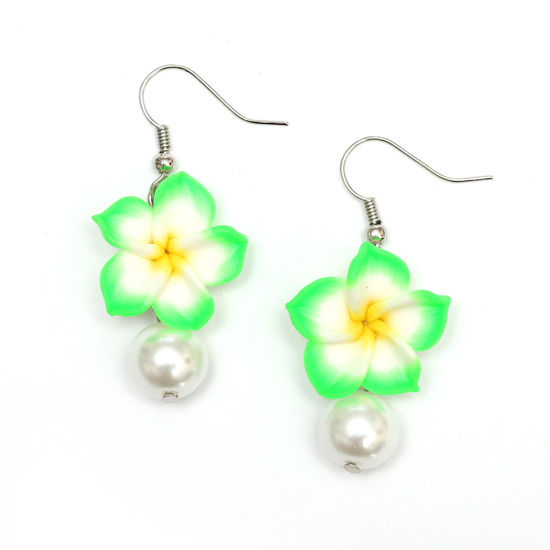 Handmade White and Bright Green Polymer Clay Plumeria Flower with Pearl Drop Earrings