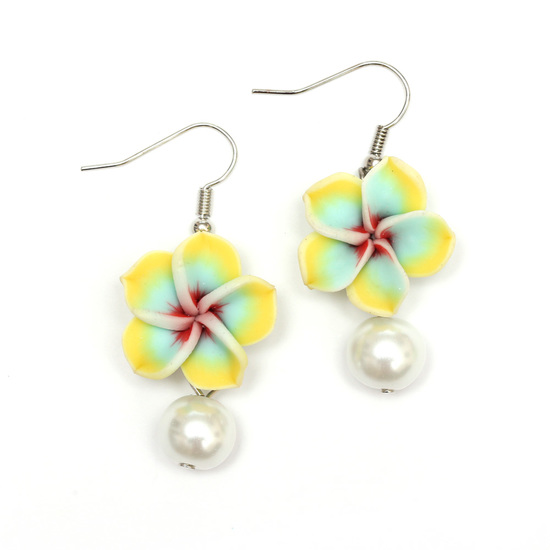Handmade Yellow and Blue Polymer Clay Plumeria Flower with Pearl Drop Earrings