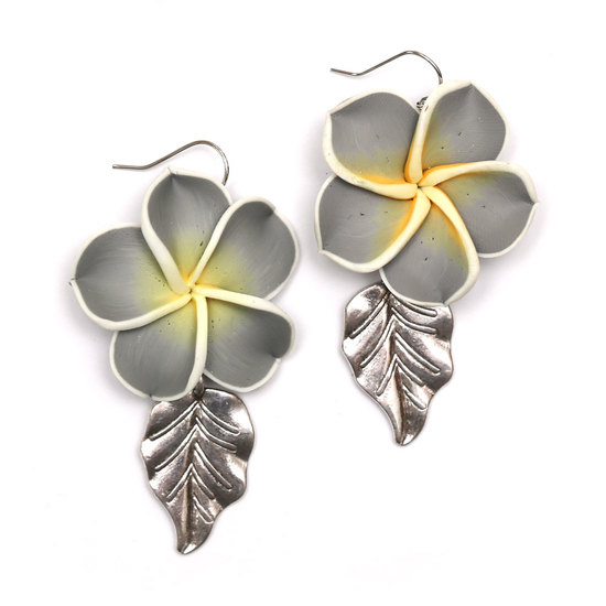 Handmade Grey Leelawadee Flower Polymer Clay Dangle Earrings with Tibetan Style Leaf Charm