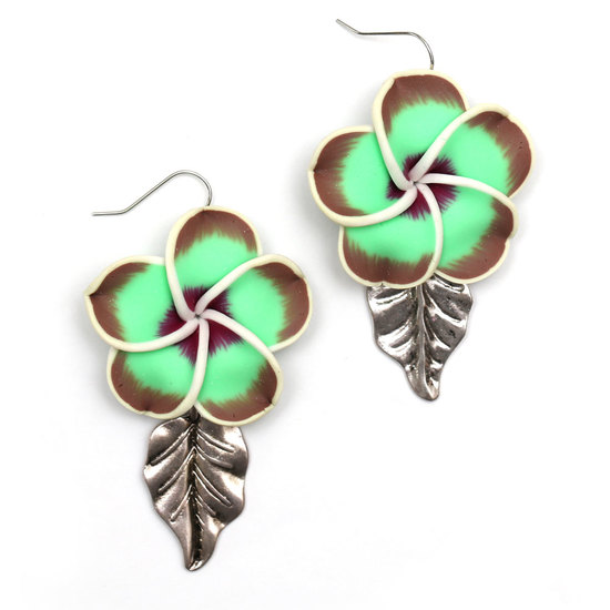 Handmade Green-Brown Leelawadee Flower Polymer Clay Dangle Earrings with Tibetan Style Leaf Charm