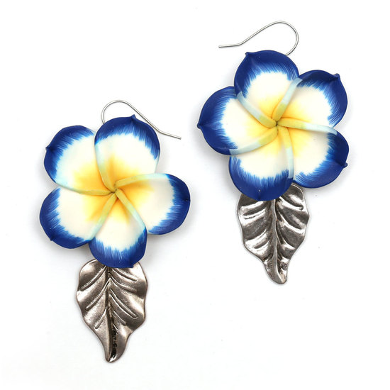 Handmade White-Blue Leelawadee Flower Polymer Clay Dangle Earrings with Tibetan Style Leaf Charm