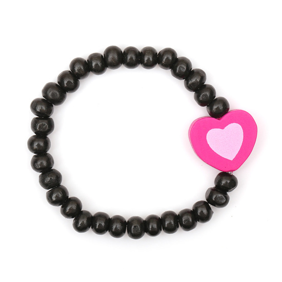 Black wooden stretchy kids bracelet with pink...