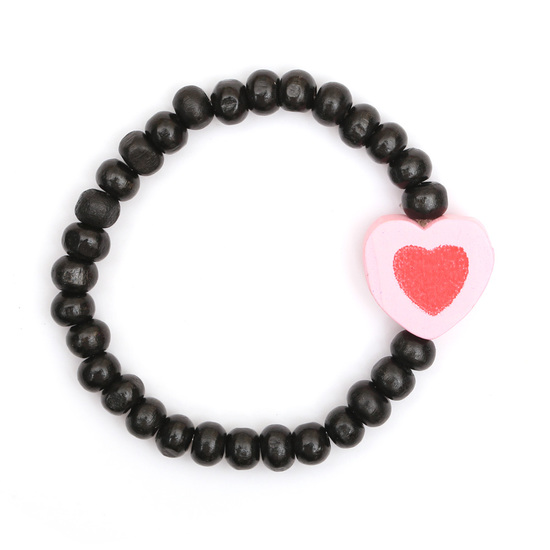 Black wooden stretchy kids bracelet with baby pink heart charm