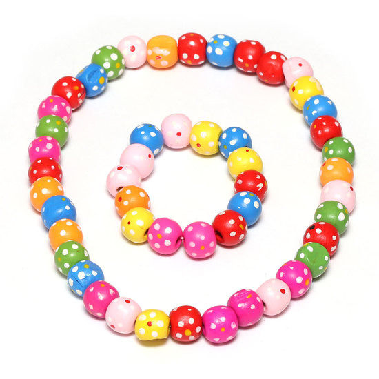 Colorful Wooden Spotty Bead Stretchy Jewelry Set, Necklace & Bracelet for Kids