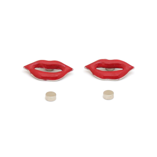 Red enamel lip magnetic earrings for non-pierced ears