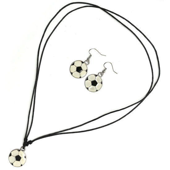 Enamel Jewelry Sets Adjustable Necklace & Earrings with Cotton Wax Cord and Football Pendant