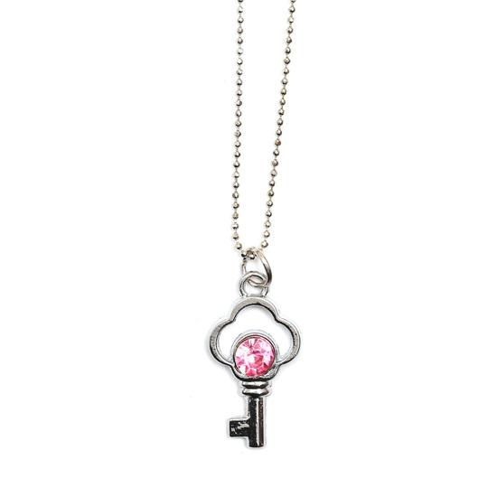 Silver tone key with pink rhinestones pendant necklace