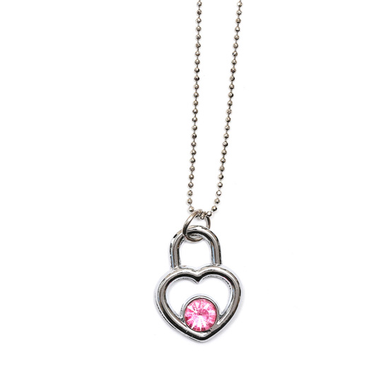 Silver tone heart locker with pink rhinestone pendant necklace