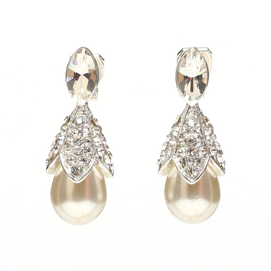 Silver-tone diamante crystal teardrop faux-pearl drop clip on earrings FREE Gift Box
