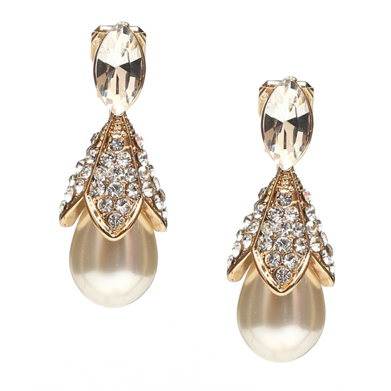 Gold-tone diamante crystal teardrop faux-pearl drop clip on earrings FREE Gift Box